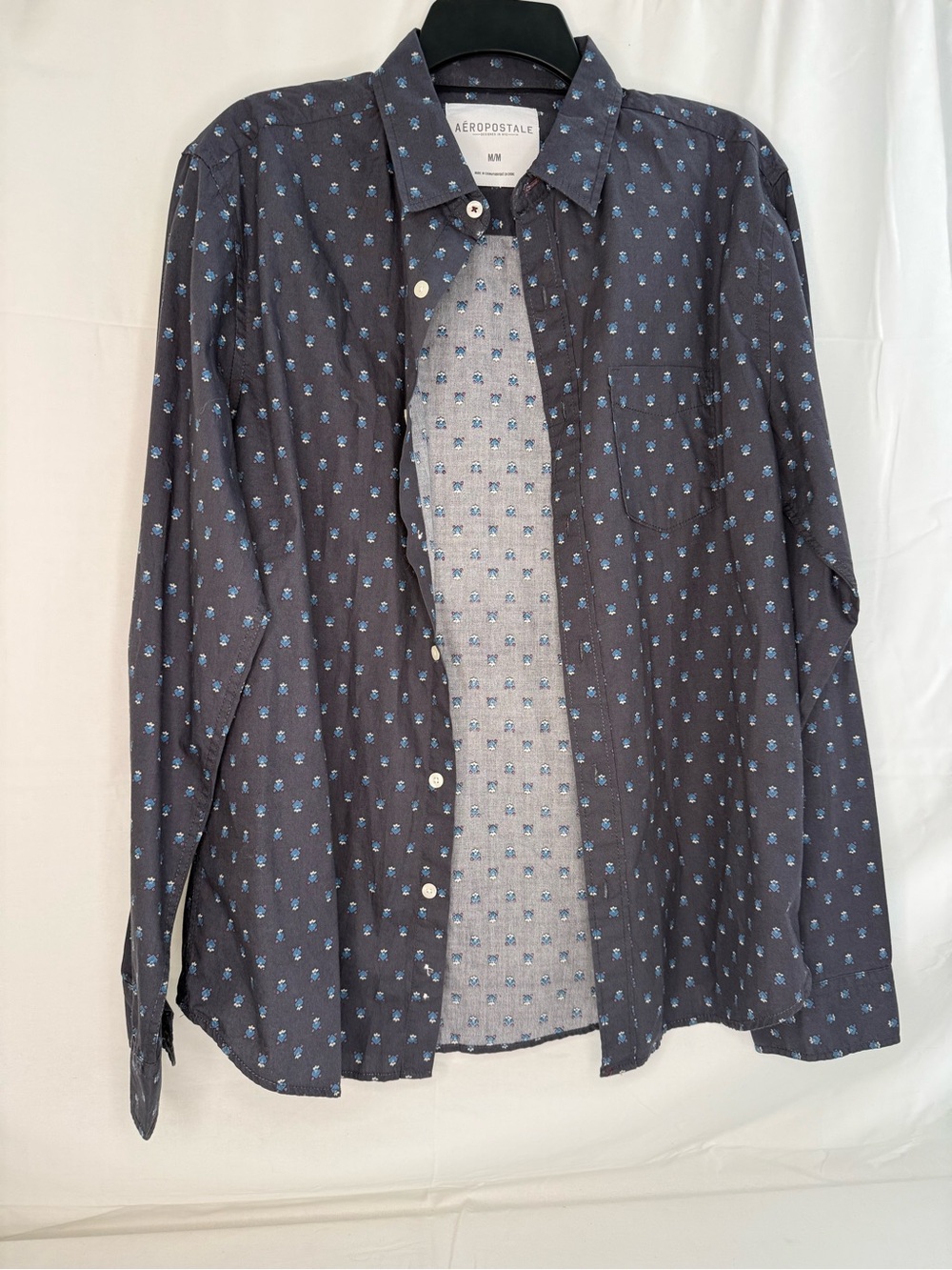 Aeropostale Navy Button-Up Shirt with Blue Floral Microprint